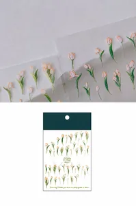 Detalle de pegatinas de uñas de tulipán mate con texto elegante y embalaje