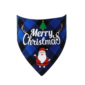 Detail of blue and black plaid cotton dog bandana with white Merry Christmas print