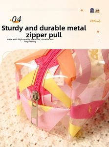 Detail shot of the sturdy metal zipper head and pink zip on this clear PVC makeup bag