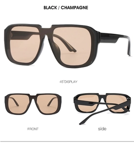 Vistas detalladas de gafas de sol negras de gran tamaño con lentes color champán en varios ángulos
