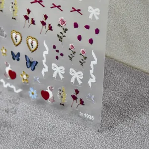 Detailed view of 5D nail art stickers with vintage floral and lace embroidery texture