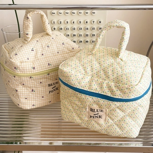 Quilted cotton cosmetic bags with cherry grid and colorful polka dot patterns