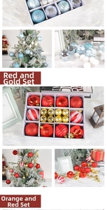 Detailed view of mixed red, gold, and blue Christmas balls with glitter and matte finishes
