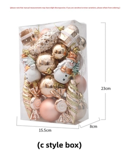 Detail view of Christmas ornament set in transparent box with specific 23x15.5x8cm dimensions