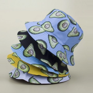 Vertical stack of canvas bucket hats with colorful avocado prints in five varied colors