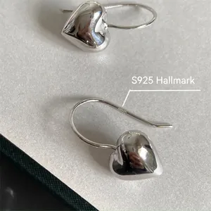 Polished S925 sterling silver heart drop earrings with minimalist hook design