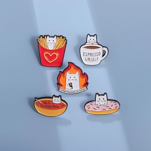 Set of 5 cute cat food metal pins including fries coffee and donut cartoon designs