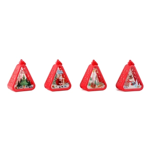 Set of four red vintage Christmas lanterns with Santa and snowman patterns on white background