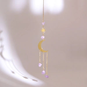 Gold moon and sun wind chime with natural purple amethyst crystals hanging decoration