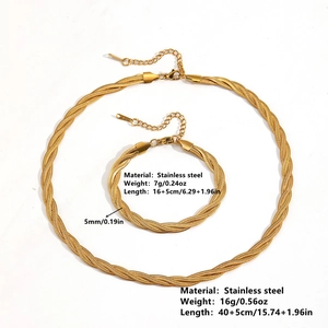 Luxury gold braided stainless steel jewelry set with twisted chain necklace and bracelet