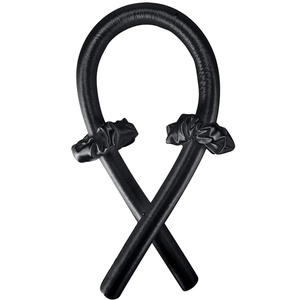 Detail of black heatless hair curler set with silk satin ribbon and two matching scrunchies