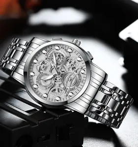Macro shot of steel hollow watch dial featuring multifunctional sub-dials and date display