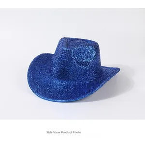 Side view of vibrant blue glitter cowboy hat with sparkling sequins for party wear