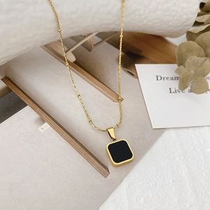 Minimalist gold plated satellite chain necklace with black square geometric pendant