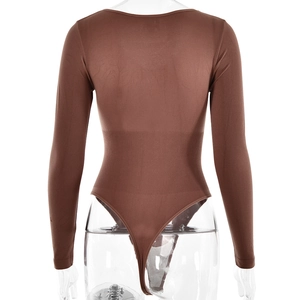 Back view of brown long sleeve ribbed bodysuit with high-cut waist on a mannequin