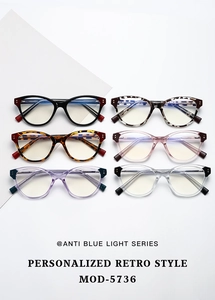 Vertical display of blue light blocking glasses in six colors for model MOD-5736