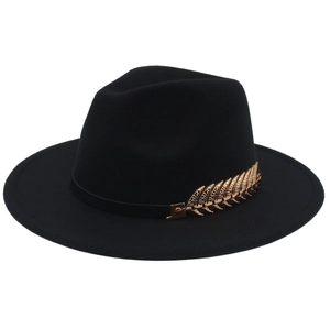 Detail of wool felt fedora hat featuring an elegant golden feather metal accessory