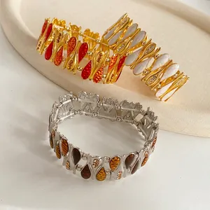 Vintage Teardrop Alloy Enamel Rhinestone Wide Elastic Bracelet Retro Bohemian Style Jewelry For Women