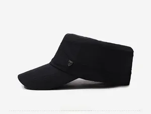 Side view of black quick-dry cadet cap with metal shield logo and twill texture