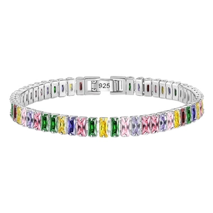 Detail of S925 sterling silver rainbow bracelet with rectangular colorful zircons