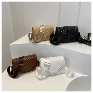 Minimalist quilted crossbody bag with wide fabric strap in beige, black, coffee, and white