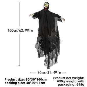 Detailed view of 160cm hanging Halloween ghost with black mesh fabric and glowing eyes