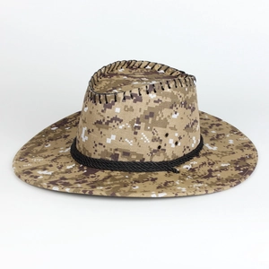 Detailed view of digital camouflage cowboy hat with black rope and metal eyelets