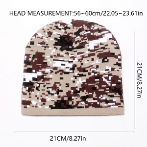 Digital camo knit beanie showing size dimensions of 21cm height and 56-60cm circumference