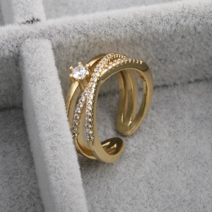 Adjustable gold geometric cross ring with micro-paved cubic zirconia crystals for women