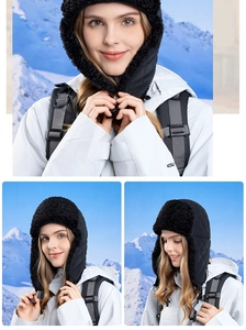 Detail of winter trapper hat with quilted fabric, warm faux fur lining and chin strap