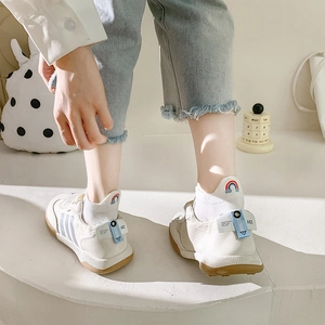 Women's white casual retro sneakers with rainbow embroidered cotton ankle socks