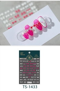 Dettagli degli adesivi per nail art 3D TS-1433 con fiocchi rosa e motivi a cuore