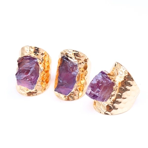 Three gold hammered wide open rings with large raw purple amethyst stones for women