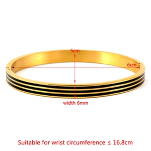 Titanium steel bangle with black enamel stripes and 6mm width dimension details