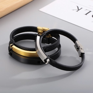 Herren Lederarmband Set mit gewölbten Edelstahlplatten in Gold, Silber und Schwarz
