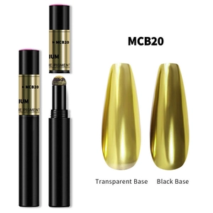 Detail of MCB20 champagne gold chrome nail powder cushion pen on black and clear base