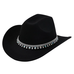 Classic black Western cowboy hat with sparkling rhinestone fringe and colorful gemstone trim