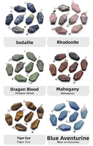 Detail of six natural stone coffin pendants in sodalite rhodonite and tiger eye stones