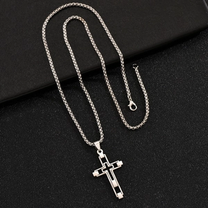 Modern hollow silver stainless steel religious cross pendant necklace with box chain for men