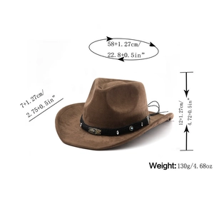 Detailed view of brown suede cowboy hat with turquoise beads and size dimensions