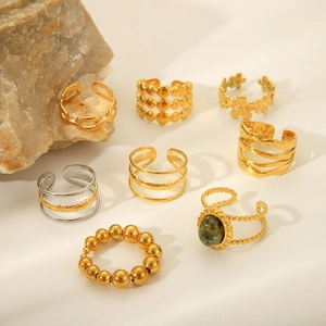 Fashionable titanium steel open rings set in gold and silver with natural green stones