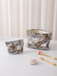 Butterfly Print Cosmetic Bag Jacquard Fabric Vintage Travel Makeup Pouch Large Capacity Handheld Storage Case For Women