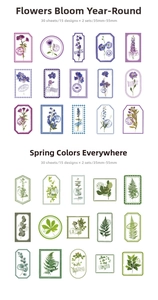 Detail view of 30pcs vintage floral PET stickers in purple and green botanical themes