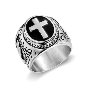 Vintage stainless steel signet ring for men featuring a black cross and engraved textures