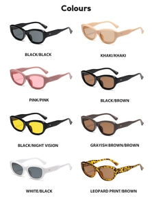 Detailed color chart showcasing eight stylish cat-eye sunglasses frames and lens options