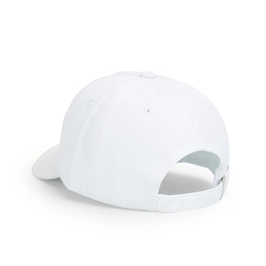 Detail view of the white cotton baseball cap showing adjustable strap and metal buckle