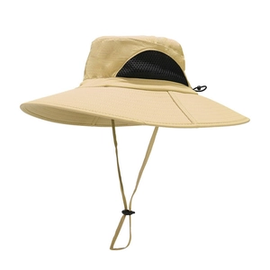 Breathable nylon sun hat with mesh vents and adjustable wind rope for outdoor hiking