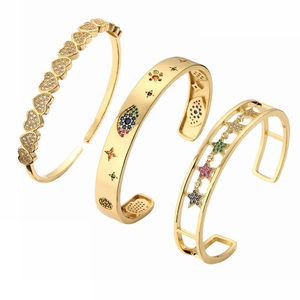 Adjustable Copper Bangle Bracelet Open Cuff With Colorful Zirconia Heart Star Evil Eye Geometric Charms Jewelry For Women