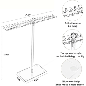 Clear acrylic jewelry stand detail with dimensions and double-sided hanging hooks