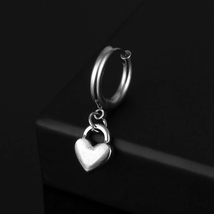 Detailed view of silver stainless steel hoop earring with a polished heart locket pendant